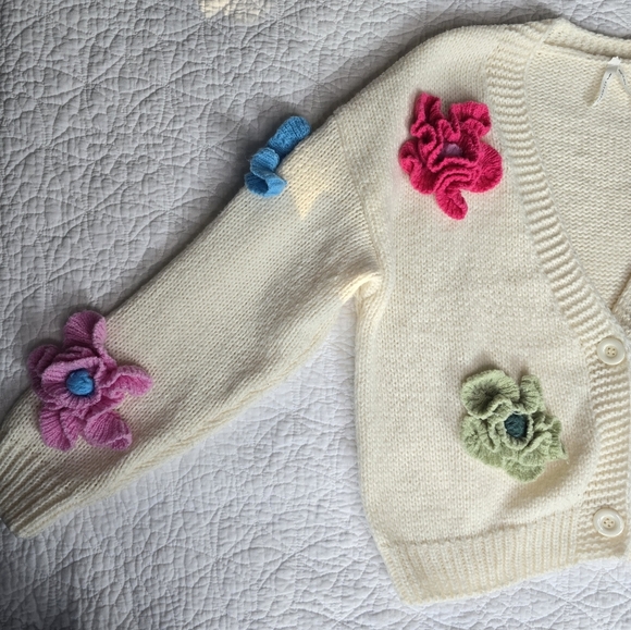 Dreamers Cream Knit Cardigan With Colorful Crochet 3D Flowers Sweater - Picture 3 of 14